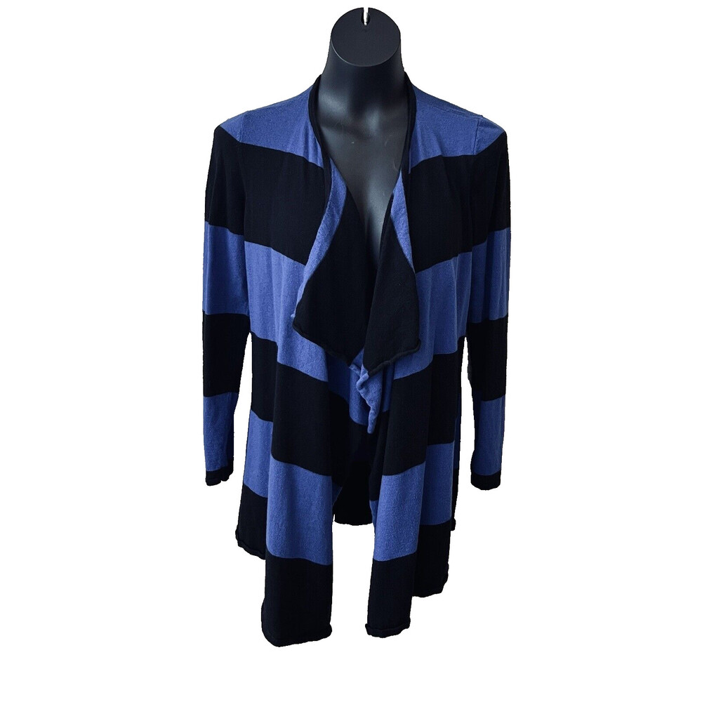INC International Concepts - Black & Blue Wide Stripe Waterfall Open Cardigan M